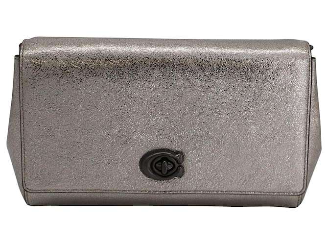 Coach Alexa Turn Lock Clutch in Silver Leather Silvery