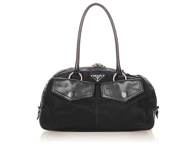 Prada Black Tessuto Boston Bag Leather Pony-style calfskin Nylon