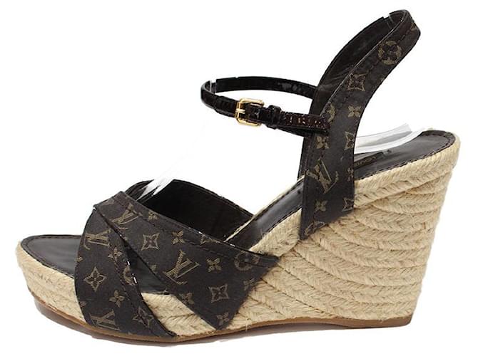 Louis Vuitton Sandals Brown Beige Leather Cloth Joli