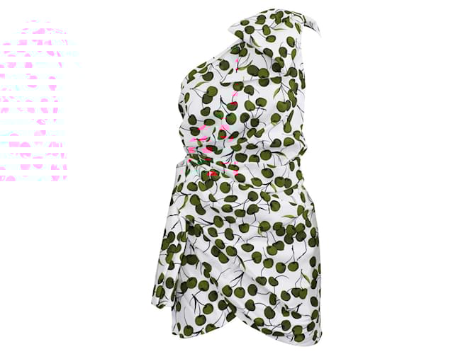 Saint Laurent Cherry Print One Shoulder Mini Dress with Bow