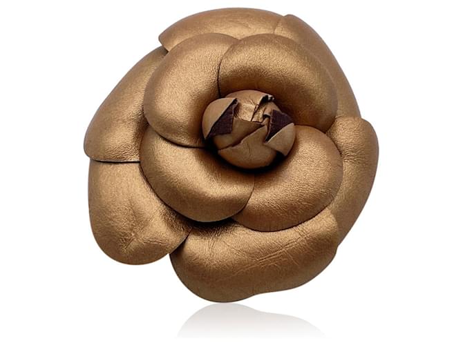 Chanel Vintage Gold Leather Camelia Camellia Flower Pin Brooch