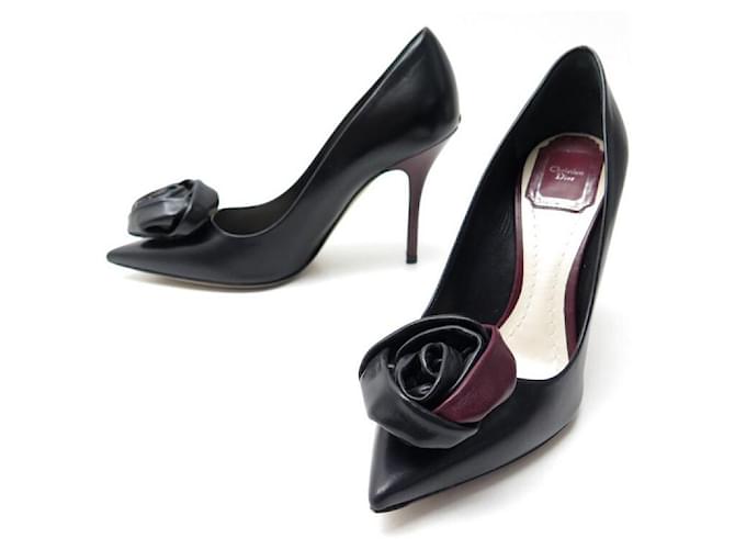 CHRISTIAN DIOR SHOES LADY ROSE PUMPS 36 BLACK LEATHER + SHOES BOX