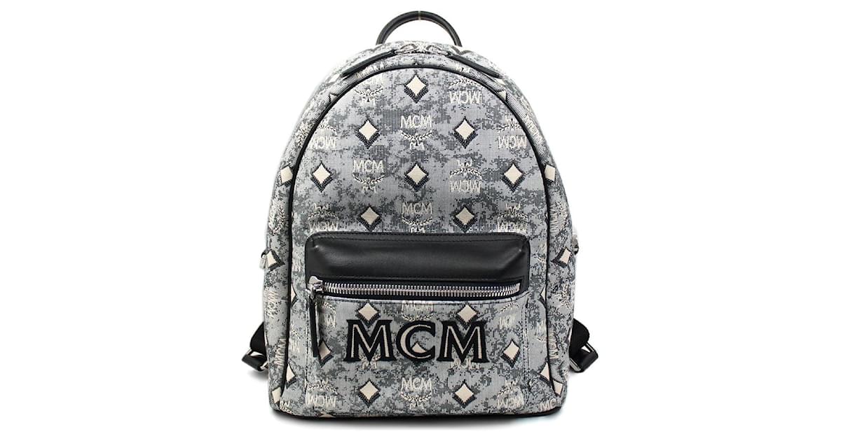 Authentic MCM canvas leather gray blue backpack shoulder bag. Hard