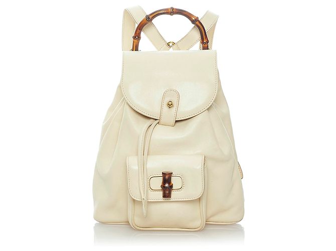 Gucci White Mini Bamboo Drawstring Leather Backpack Pony  display picture 3