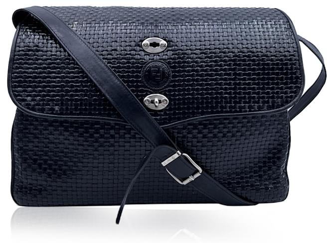 Fendi Vintage Black Woven Leather Messenger Crossbody Bag ref