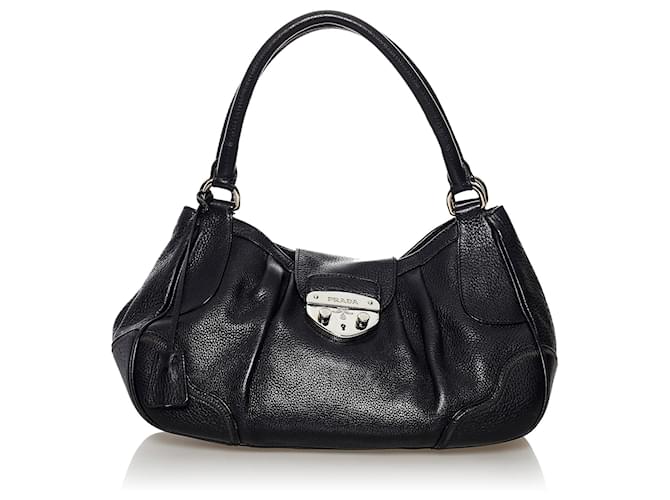 Prada Black Sound Lock Leather Shoulder Bag Pony-style