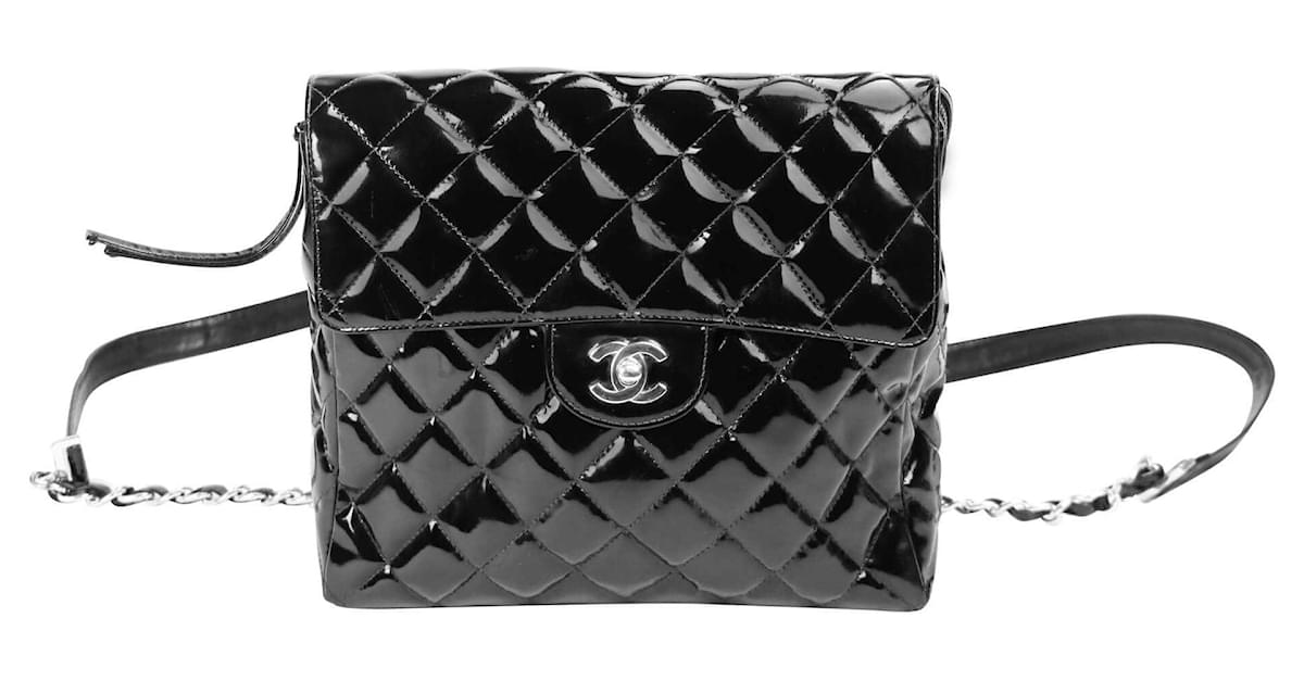Chanel Flap Backpack Black Patent Leather Silver ref.564263