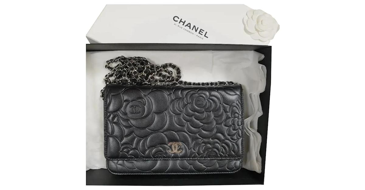 Chanel Black Embossed Lambskin Camellia WOC Clutch Bag