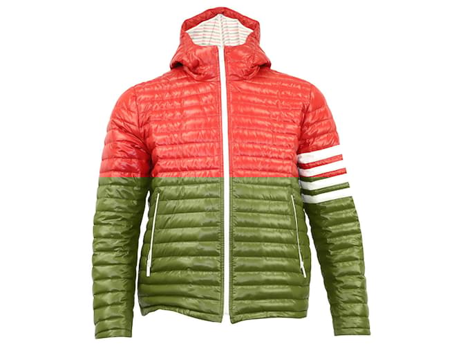 Thom Browne 4-Bar Stripe Quilted Puffer Jacket in Red Nylon Thom Browne 4-Bar Stripe Quilted Puffer Jacket in Red Nylon