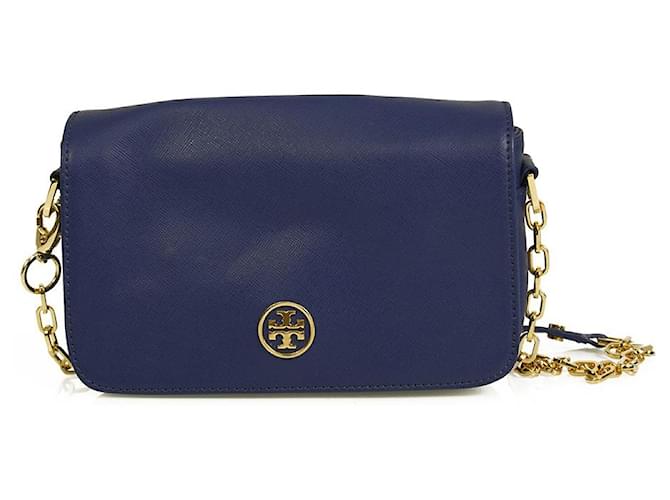 Tory Burch Robinson Blue Leather Gold Logo Fold Over Crossbody