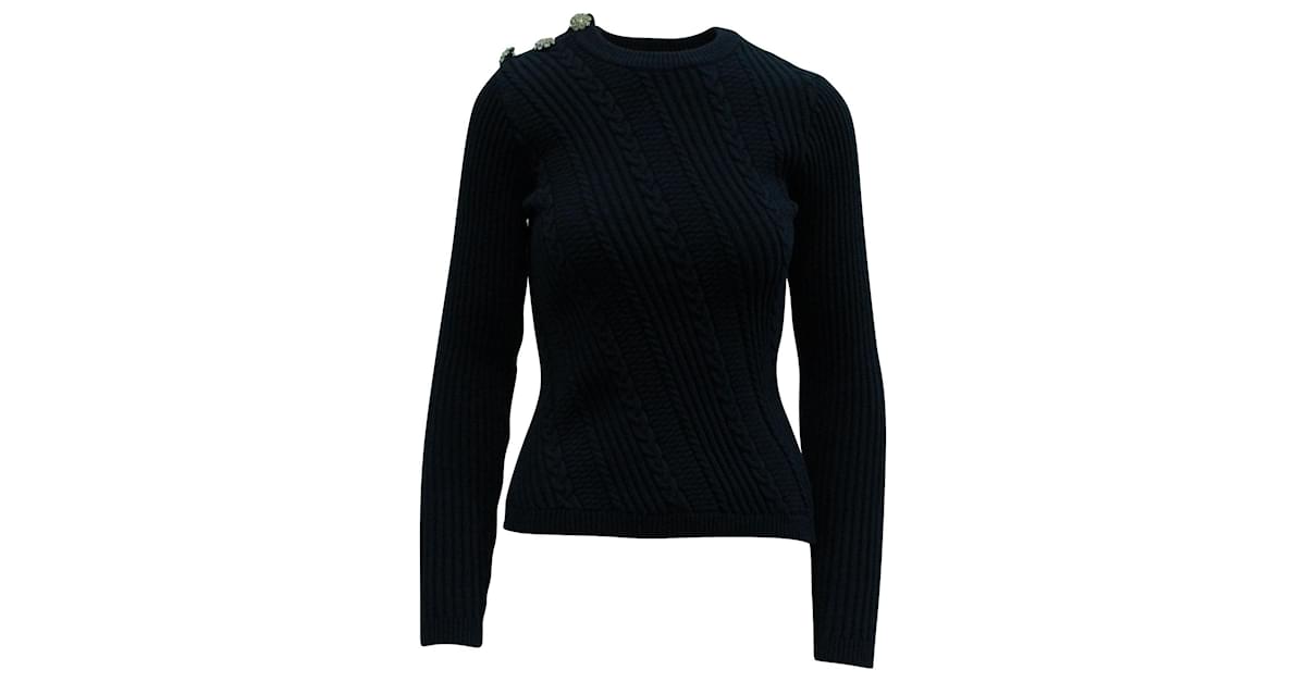 Ganni Crystal-Button Embellished Knit Sweater in Navy Blue Cotton