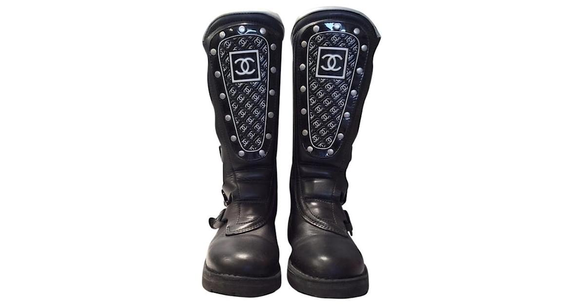 Chanel Biker Combat Boots, Rare Boots. Black White Silver hardware
