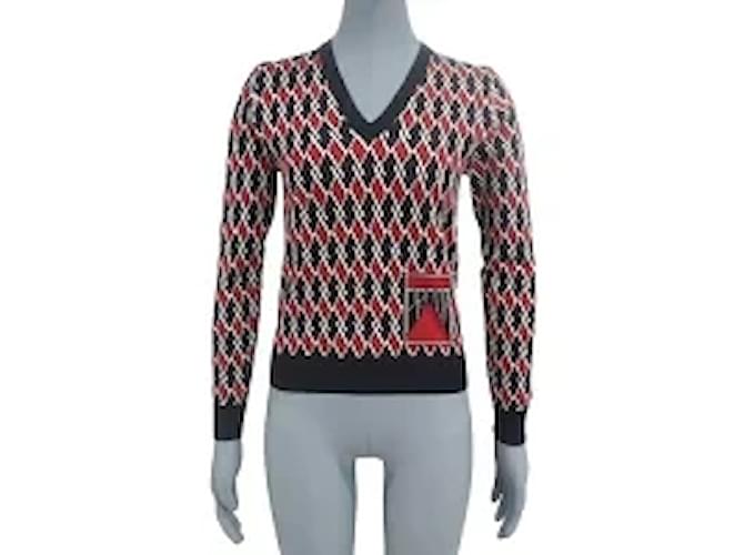 PRADA V- neck sweater tops logo diamond pattern navy blue White