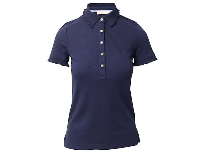 Tory Burch Ruffle Polo Shirt in Navy Blue Modal Cellulose fibre ref.575039 Joli Closet