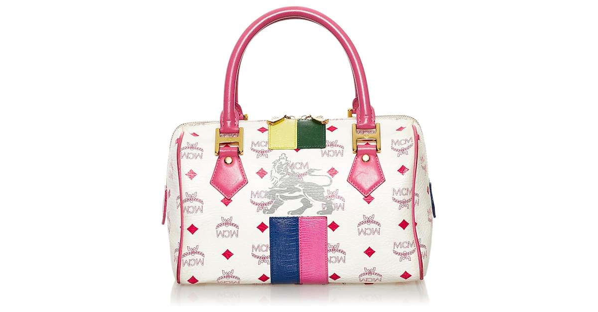 MCM White Visetos Princess Lion Leather Boston Bag Multiple colors Pony style calfskin ref.577706 Joli Closet