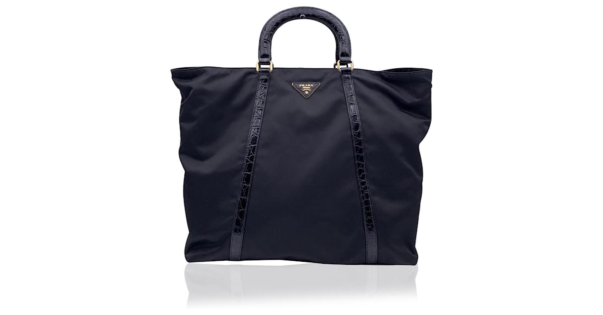 Prada Black Nylon Canvas Embossed Leather Large Tote Bag 1BG265 Cloth  ref.585446 - Joli Closet