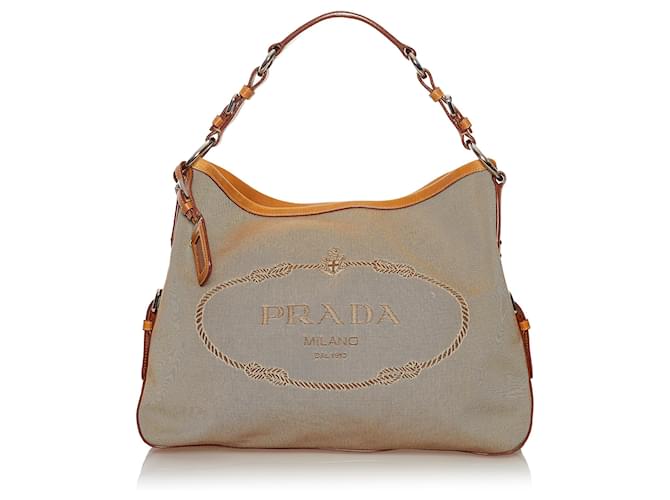 Prada Brown Canapa Logo Canvas Hobo Bag Leather Cloth Pony-style