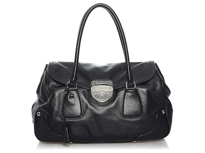 Prada Black Sound Lock Leather Shoulder Bag Pony-style calfskin