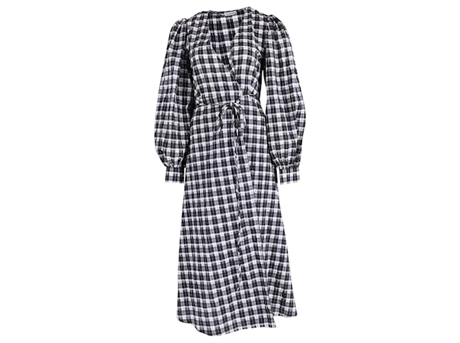 Ganni Kariertes Wickelkleid aus Seersucker aus schwarzer Baumwolle