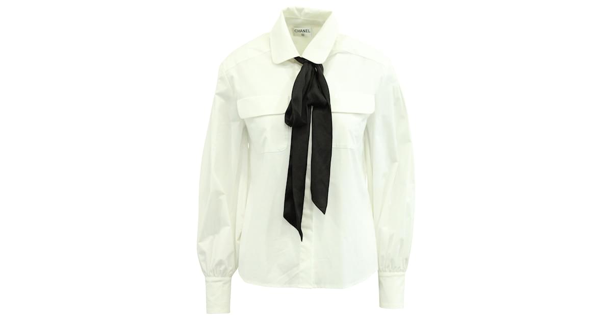 Chanel White Cotton Contrast Neck Tie Detail Cropped Blouse M