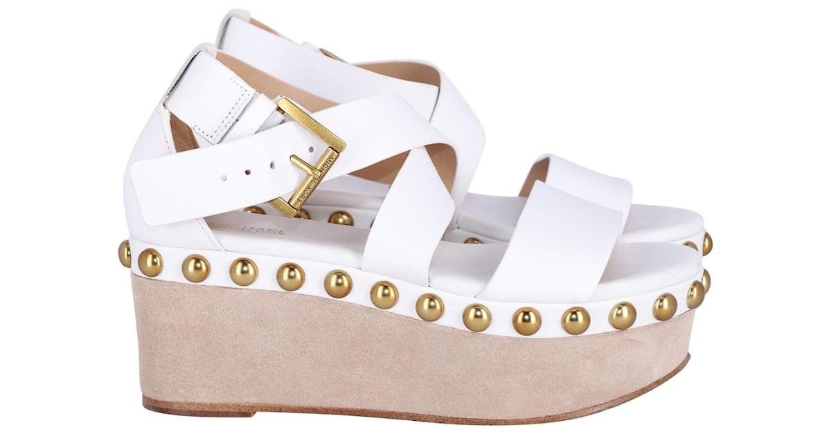 Michael Kors Garner Studded Wedge Sandals in White Leather ref