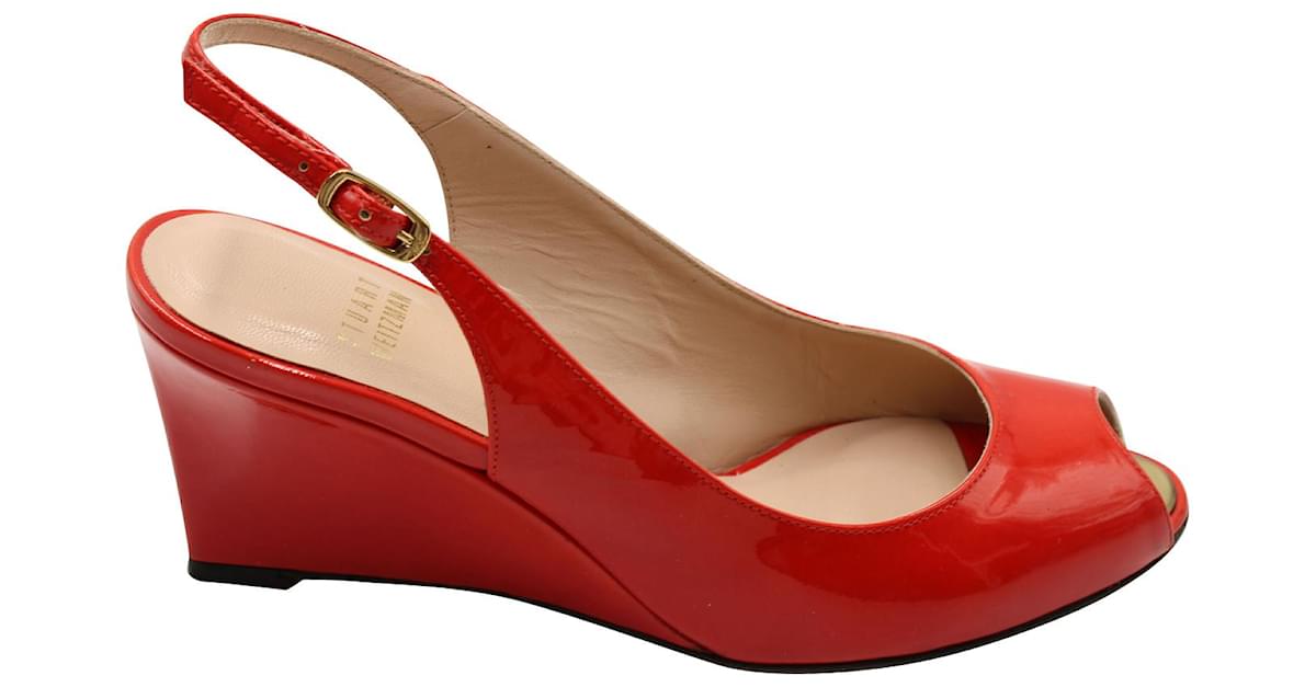 Stuart Weitzman Slingback Peep Toe Wedge in Red Patent Leather Orange ref.593116 Joli Closet