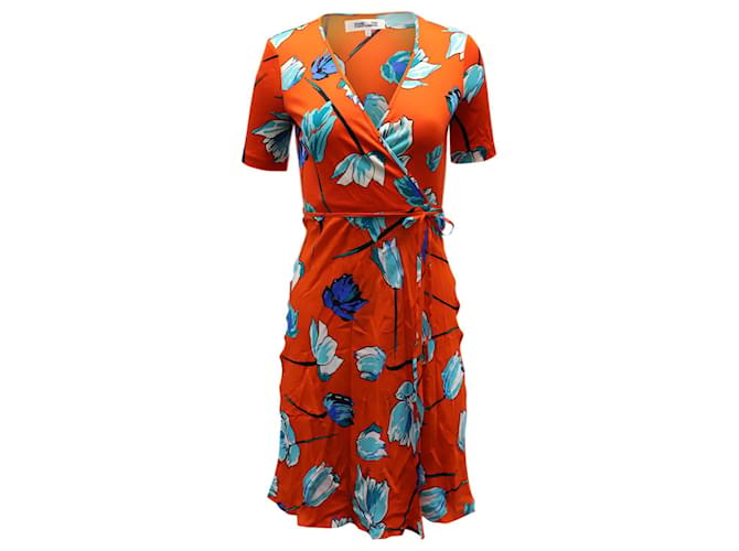 open lace back dress Diane Von Furstenberg Wrap Dress Orange white Tiki Swirl Pattern NWT main image 0