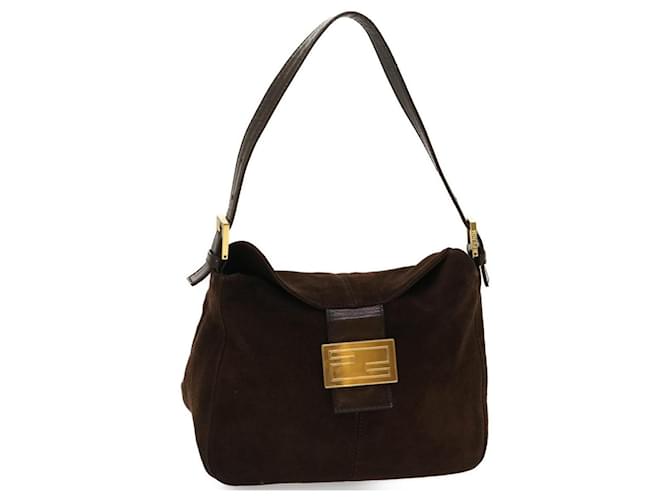 FENDI Mamma Baguette Shoulder Bag Suede Brown Auth gt2582