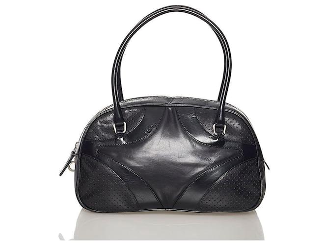 Prada Perforated Leather Bowling Bag Black Pony-style
