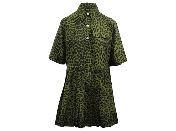 Ganni Crispy Jacquard Button Front Dress in Green Polyester