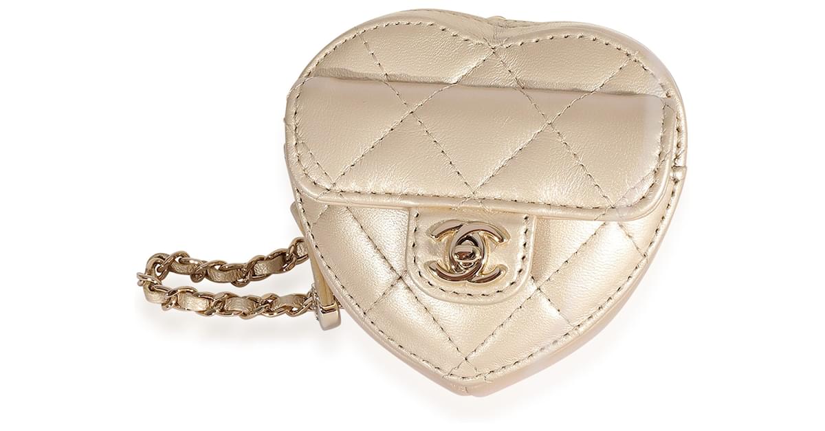 Chanel Metallic Gold Quilted Lambskin Heart Coin Purse Necklace Golden  Leather ref.623204