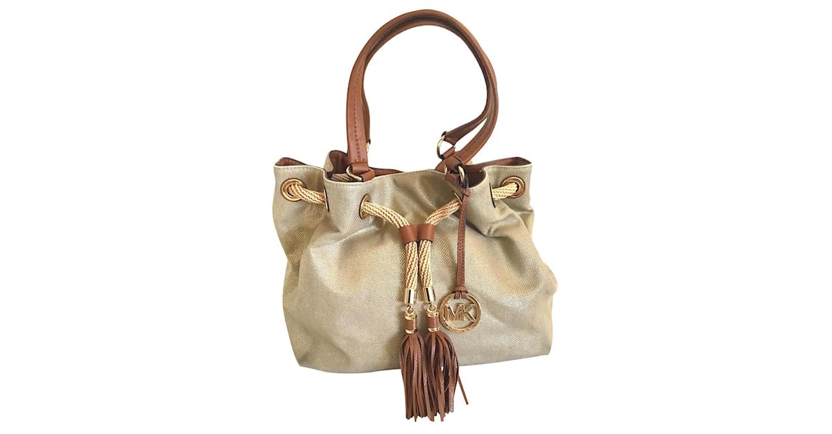 Michael Kors Marina Canvas Cuir Toile Beige Dore Cognac ref.625352