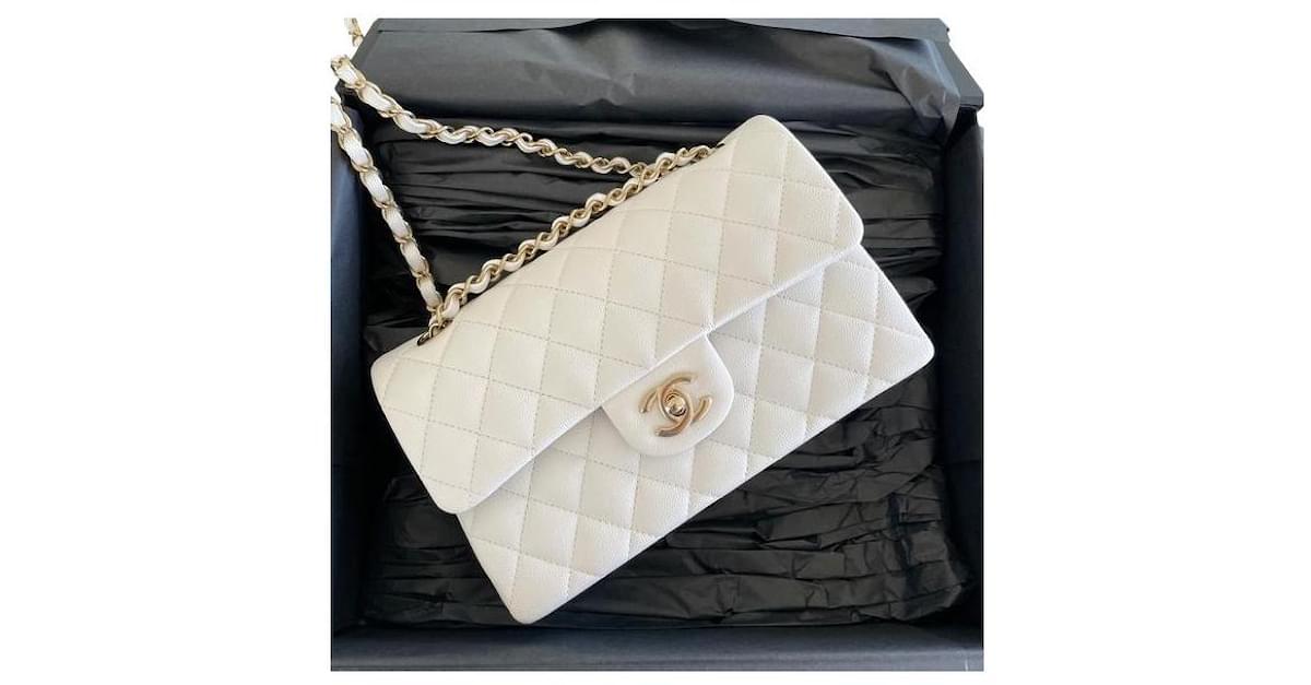 White Quilted Caviar Wooden Bar Shoulder Bag