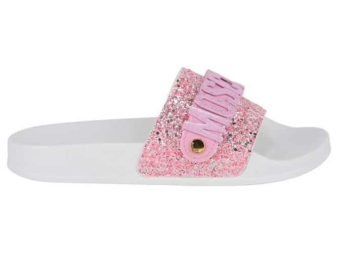 【MOSCHINO】フラットサンダルピンク Moschino Glitter Lettering Logo Slides Pink ref.626179