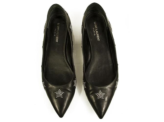 Saint Laurent Black Leather Stars Studded Pointed Toe Shoes