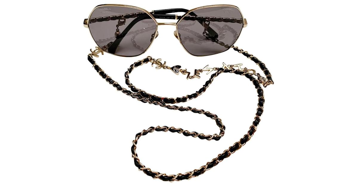 CHANEL CHANEL sunglasses chain eyewear Gold Plated Plastic Clear Used  unisex CC Coco