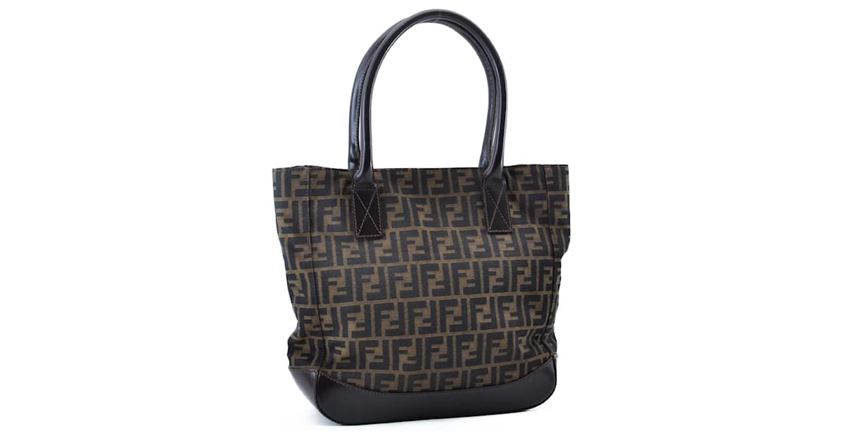 FENDI Zucca Canvas Tote Bag PVC Leather Brown Black Auth am2618g