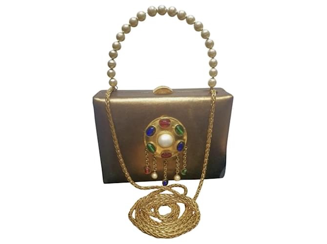 Sac/ clutch chanel vintage colector Cuir Perle Plaqu?� or Multicolore Dor?� Cuivre Bijouterie 