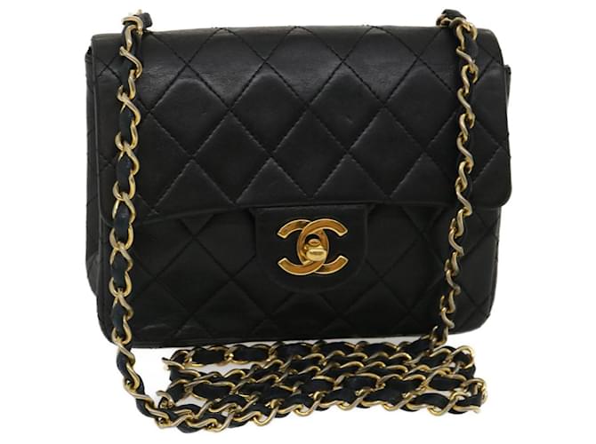 CHANEL Mini Matelasse Chain Flap Shoulder Bag Lamb Skin Black Gold Auth