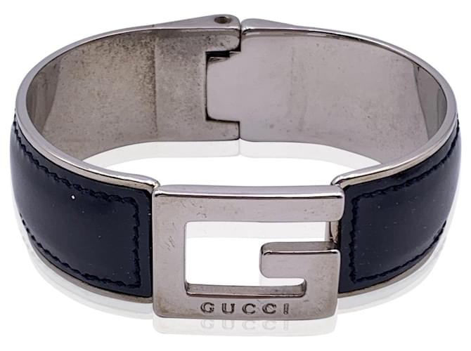 Gucci Stainless Steel Black Patent Leather G Logo Bracelet
