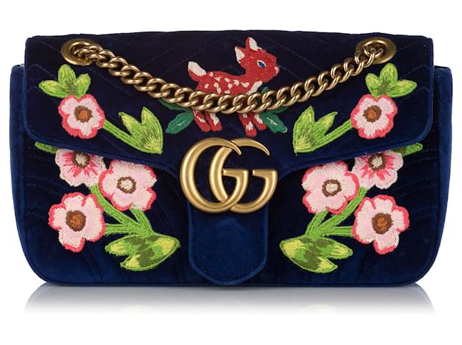 Gucci Blue Embroidered GG Marmont Matelasse Crossbody Bag Velvet