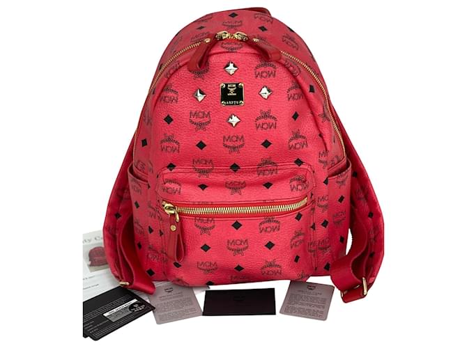 Mcm Backpack Red Studs Cognac Visetos Leather Stark Backpack