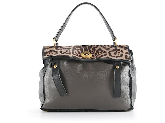 Yves Saint Laurent Black/Grey Leather and Leopard Print