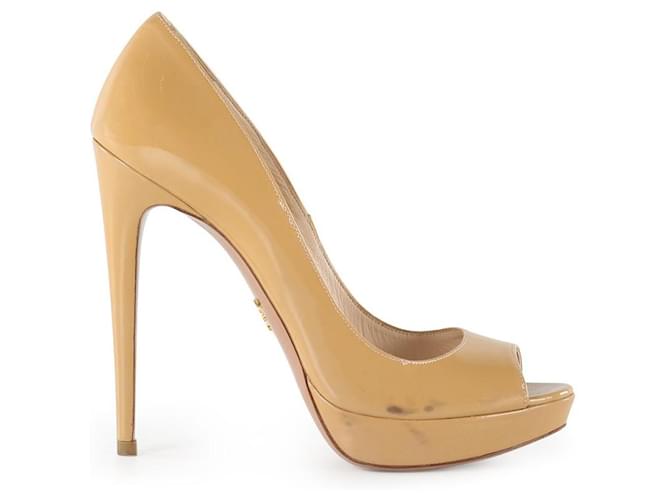 Prada Beige Patent Leather Peep Toe Pumps Joli Closet