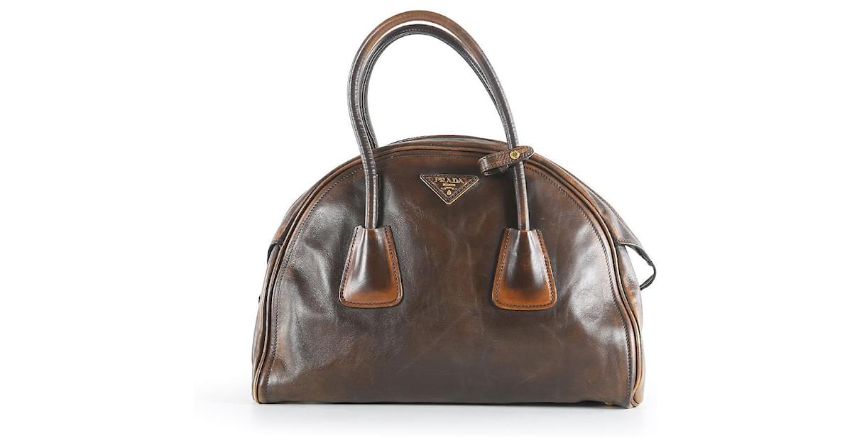 Prada Brown Leather Vintage Vitello Bowler Handle Bag Pony-style