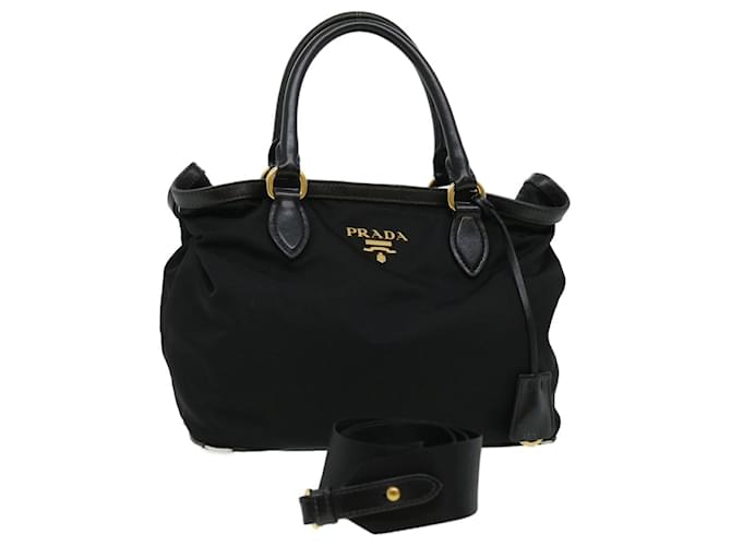ハンドバッグ PRADA BLACK NYLON HANDBAG Prada Black Tessuto Nylon Leather Trim Metal Triangle Logo