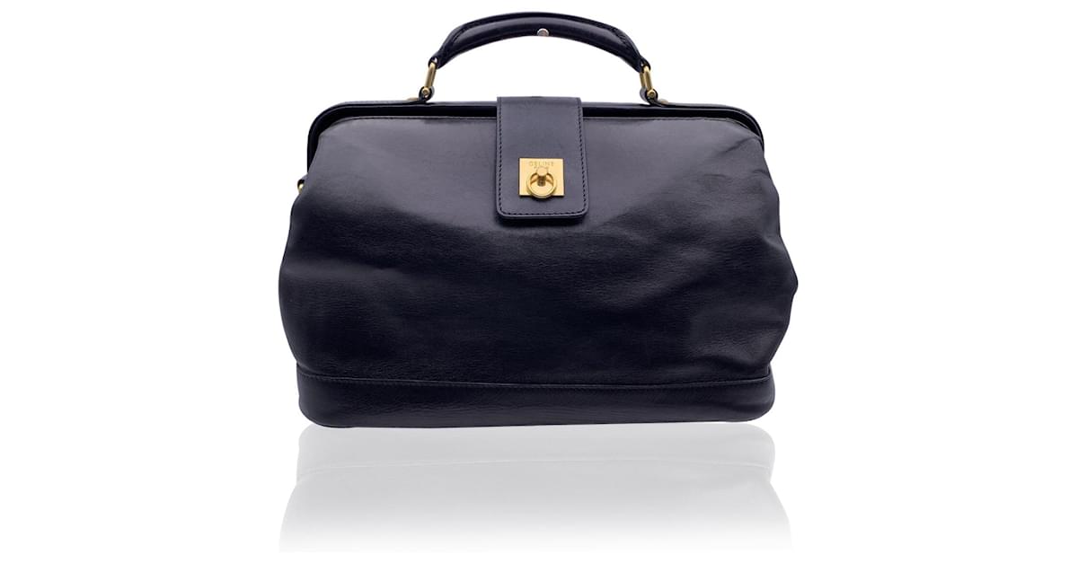 Celine Vintage Black Leather Doctor Bag Handbag Satchel For Sale at 1stDibs