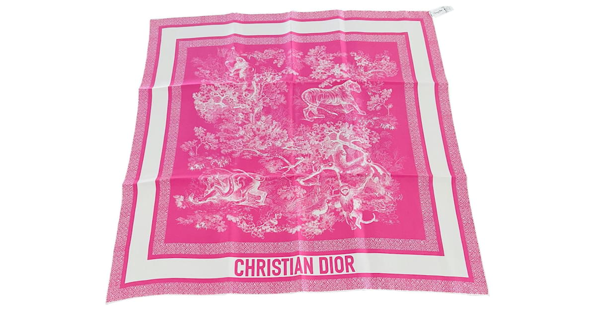 Neon pink DIOR Toile de Jouy Reverse scarf White Fuschia Silk ref.662662 -  Joli Closet