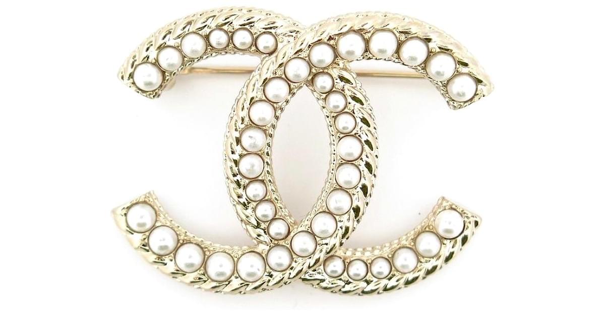 Strass, Imitation Pearl and Light Gold Metal CC Brooch, 2020
