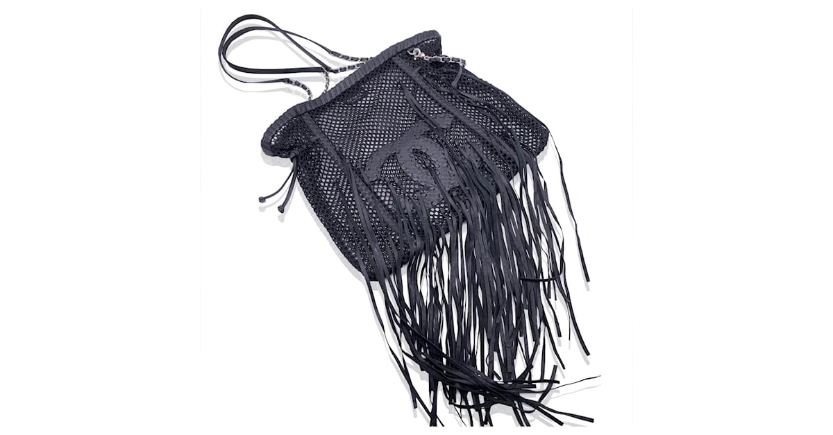 Chanel Limited Edition Resort 2011 Black Leather Fringe Mesh Tote